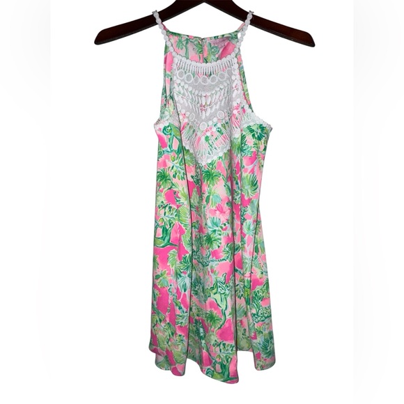 Lilly Pulitzer Dresses & Skirts - Lilly Pulitzer Pink Green Giraffe Jungle Halter Lace Dress Size 4
